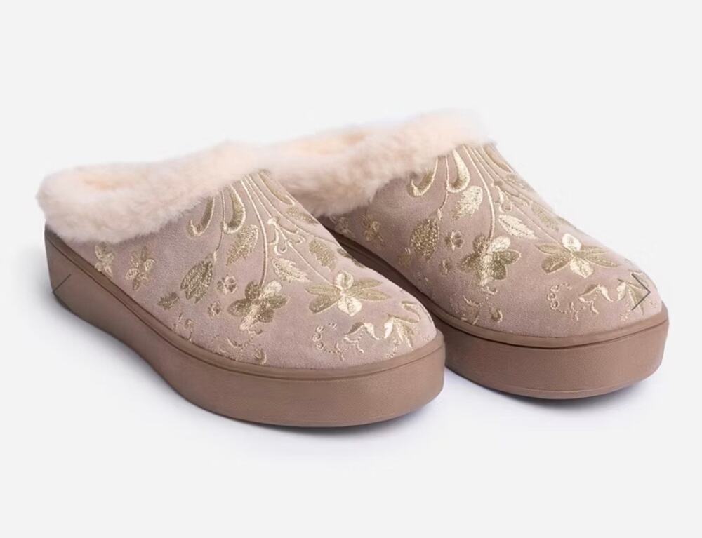Johnny Was Talitha Embroidered Suede Mule Taupe Women’s 9 Romantic Boho